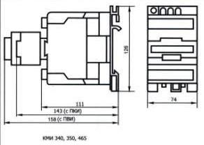 Габаритные и установочные размеры КМИ 340, КМИ 350, КМИ 465 с приставкой ПВИ