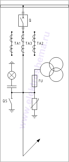 КРУ «ELTEMA» схема 2.1: шкаф с силовым выключателем и ТН, ввод/вывод шинами сзади