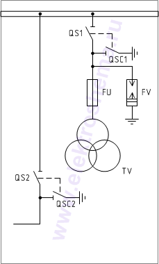 КСО-298-12.1: схема главных цепей &mdash; трансформатор напряжения с боковым переходом
