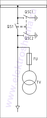 КСО-386-10: схема главных цепей &mdash; ввод и отходящая линия с трансформатором собственных нужд (ТСН)