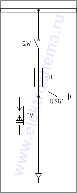 КСО-393-09: схема главных цепей &mdash; ввод и отходящая линия с разрядниками
